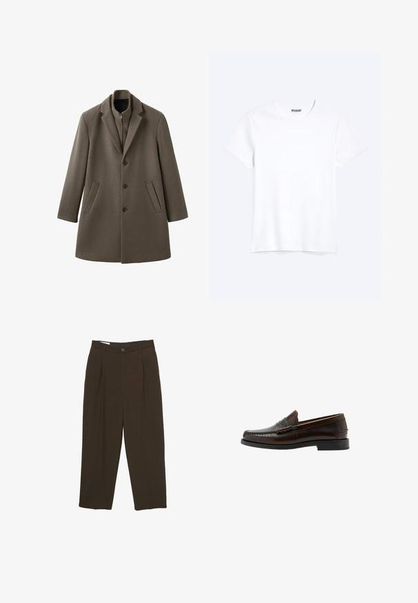 Manteau à simple boutonnage en mélange de laine brun foncé, doté d'un col à revers cranté, de manches longues et de deux poches latérales.; T-shirt blanc uni à manches courtes et col rond avec une étiquette de la marque WEEKDAY visible au niveau du col, présenté sur un fond clair.; Pantalons ajustés marron foncé avec des plis à l'avant, passants de ceinture et fermeture à bouton à la taille.; Mocassin penny en cuir marron foncé avec bout moc cousu, talon bas et finition lisse, présenté de profil sur fond blanc.