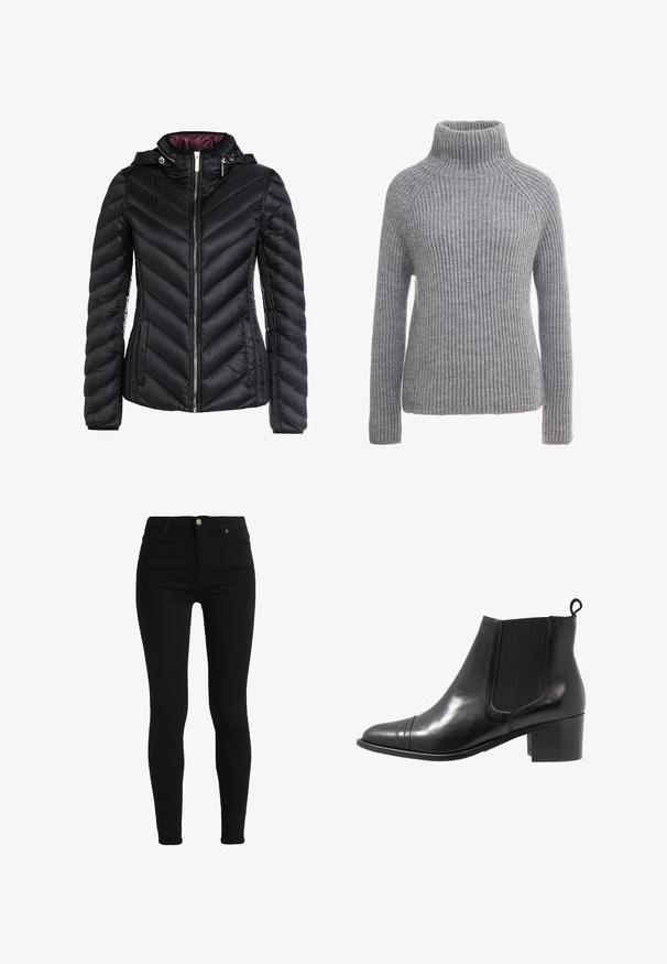 Schwarze Daunenjacke mit Kapuze, mit Zickzack-Steppung, einem Frontreißverschluss und einem kontrastierenden lila Innenfutter. Weiches Material und figurbetontes Design.; Grauer Strickpullover mit hohem Rollkragen, gerippter Textur und langen Ärmeln. Verfügt über Raglan-Nähte und eine taillierte Silhouette.; Schwarze enge Jeans aus dehnbarem Baumwollmischgewebe. Verfügt über einen vorderen Knopfverschluss und Gürtelschlaufen für eine verstellbare Passform.; Schwarze Leder-Ankle-Boots mit elastischen Seiteneinsätzen, runder Zehenpartie und strukturiertem Blockabsatz. Mit einer Schlaufe an der Rückseite für ein einfaches An- und Ausziehen.