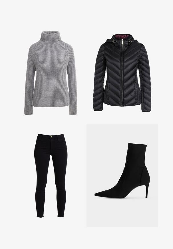 Veste rembourrée noire avec capuche, dotée d'un matelassage en chevrons, d'une fermeture éclair à l'avant et d'une doublure intérieure violette contrastante. Matériau doux et coupe ajustée.; Pull en maille grise avec un col roulé haut, texture côtelée et manches longues. Présente des coutures raglan et une silhouette ajustée.; Jean skinny noir taille haute en denim, avec une fermeture à bouton sur le devant, cinq poches et des coutures minimales.; Bottine noire à bout pointu et talon haut et fin, présentée de profil sur fond clair. Design épuré et minimaliste.