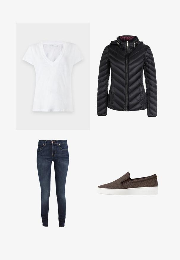 Veste rembourrée noire avec capuche, dotée d'un matelassage en chevrons, d'une fermeture éclair à l'avant et d'une doublure intérieure violette contrastante. Matériau doux et coupe ajustée.; T-shirt blanc manches courtes pour femme avec col en V en tissu légèrement texturé sur un fond clair uni.; Jeans slim en denim bleu foncé avec une texture lisse, dotés de cinq poches et de détails en métal cuivré. Style classique avec une silhouette ajustée.; Chaussures brunes à enfiler avec un motif texturé, dotées d'une semelle blanche et d'un discret logo sur le côté. Inserts latéraux élastiques pour un enfilage facile.