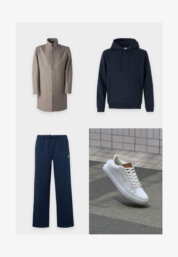 Lichtbruin wollen jas met een hoge kraag, sluiting met knopen aan de voorkant en een rechte snit. Bevat lange mouwen en een strakke stikselontwerp.; Navyblauwe hoodie van een katoenmix met een trekkoordcapuchon, voorzak in kangoeroestijl, ribgebreide boorden en zoom. Gladde textuur, casual ontwerp.; Marineblauwe sweatpants met een elastische tailleband en een trekkoord. Voorzien van een klein wit logo op de linkerheup. Gemaakt van zacht materiaal.; Witte leren sneakers met een gladde textuur, tan accent op de hiel, gouden logo aan de zijkant en een rubberen zool met een gestructureerde grip.
