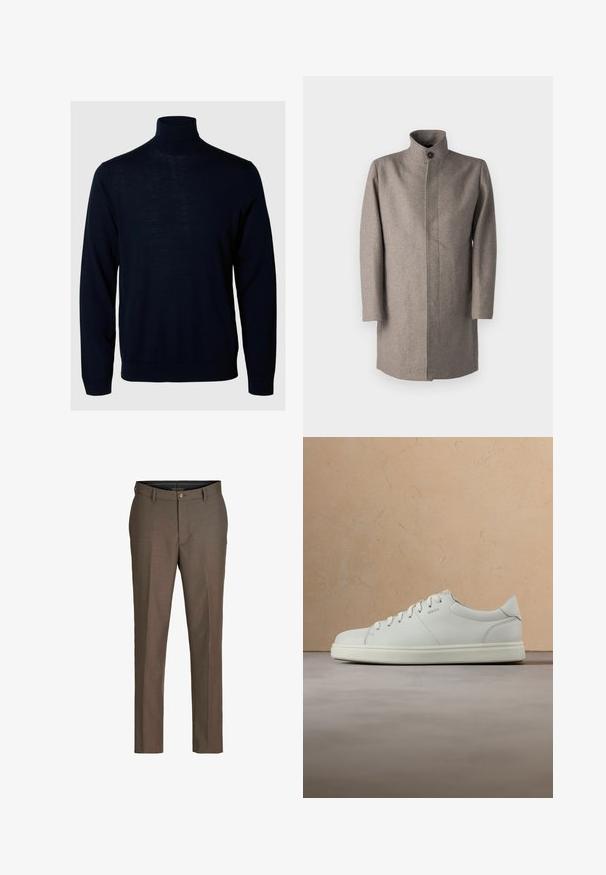 Manteau en laine brun clair avec un col montant, fermeture à boutons sur le devant et coupe droite. Comprend des manches longues et un design de couture soigné.; Pull col roulé bleu marine, à manches longues, avec des bordures côtelées au niveau des poignets et de l'ourlet, fabriqué dans un tissu doux à la texture lisse et au design minimal.; Pantalon sur mesure pour homme en marron avec passants de ceinture et fermeture à bouton sur le devant, présenté sur un fond blanc.; Baskets en cuir blanc avec une texture lisse, un bout rond et des lacets plats. Elles présentent un logo discret et une semelle légère.