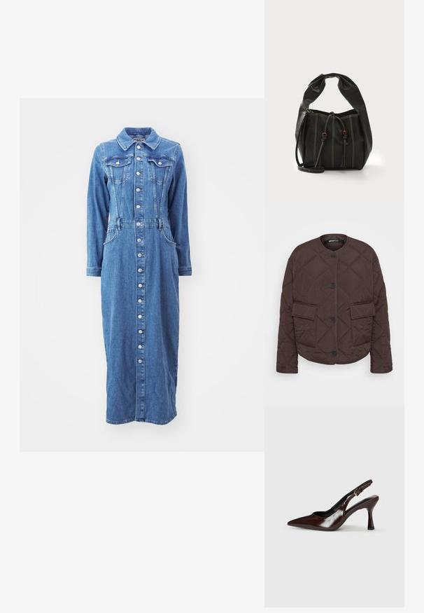 Gina Tricot Tall JACKET - Chaqueta de entretiempo - dark brown; Vestido de denim con cierre de botones en el frente, mangas largas, bolsillos en el pecho y una cintura entallada, en un lavado azul medio con una silueta recta.; Zapatos de tacón slingback de charol marrón con punta afilada, tacón delgado y correa ajustable con una pequeña hebilla.; Bolso de mano de cuero negro con una parte superior redondeada, cierre de cordón y costuras en contraste. Presenta asas cortas y suaves, además de cuentas decorativas.