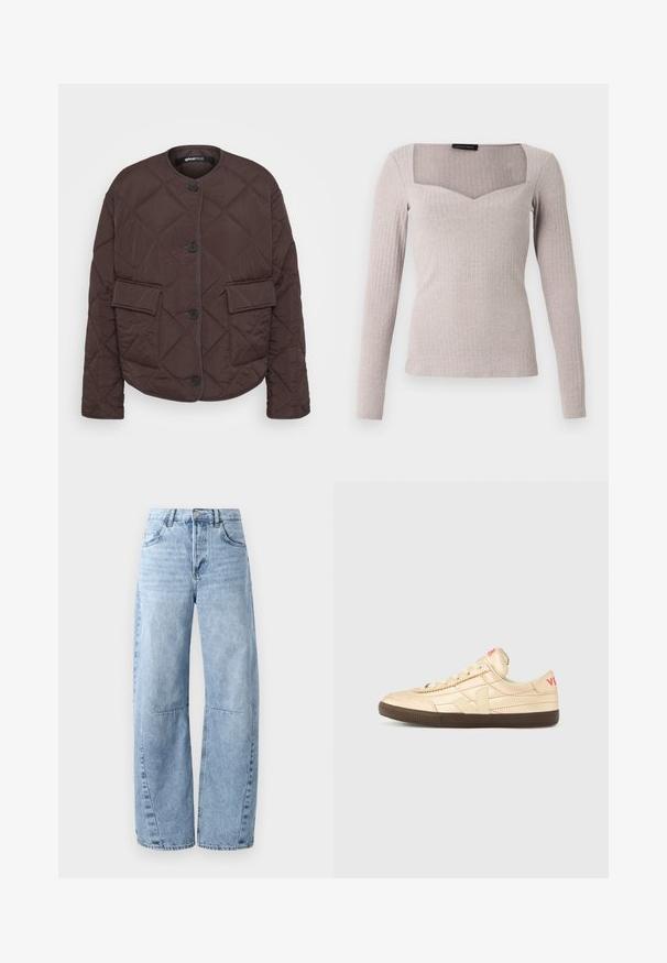 Gina Tricot Tall JACKET - Kerge jope - dark brown; Pikad varrukad ja helehall triibuline kangas, millel on ruudukujuline kaelus ja esiküljel V-kujuline lõige, keha järgiv lõige ja sile tekstuur.; Heledad sinine laiad teksad, mis on valmistatud denimist ja millel on kõrge vöökoht, viis taskut ja õrn pleekimine. Jalgadel on nähtavad õmblused ja saagimine.; Kreemikarva tekstiilse nahkkattega tossud, millel on pruun kummist tald ja punase värvusega esile tõstetud logo kannal.