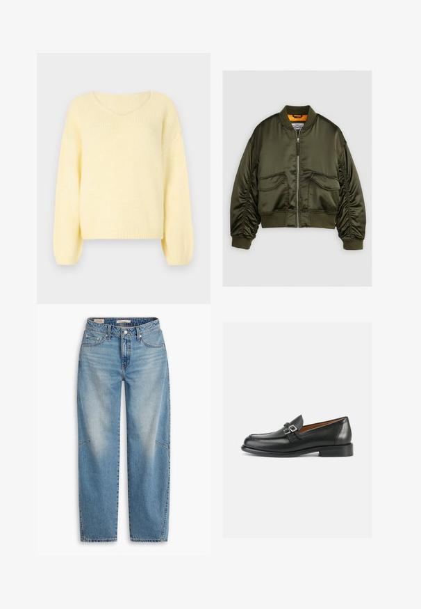 Olivenbrun bomberjakke lavet af satin stof, med en lynlåslukning foran, ribbede manchetter og to forlommer. Fremhævet med en orange foring.; JDY Knitted JDYDINEA Knitted - Striktrøje - pastel yellow; Lyseblå denimjeans med løs pasform, lige ben, knapgylp og fem-lomme-stil med subtile falme- og syningsdetaljer.; Sorte læderloafer med synligt sømdesign, der har en dobbelt spænde-detalje og en let forhøjet hæl for ekstra højde.
