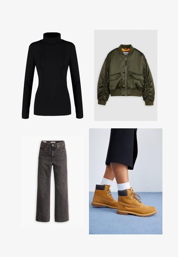 Veste bomber vert olive en satin, avec un zip à l'avant, des poignets côtelés et deux poches avant. Accentuée d'une doublure orange.; Haut à col roulé noir à manches longues, fabriqué en tissu doux et extensible, avec une coupe ajustée et un col haut. Pas de motifs ni d'ornements.; Jeans taille haute et coupe large en denim gris foncé, avec des poches avant, des rivets en cuivre contrastants et une finition épurée sans embellissements.; Bottines en suede beige avec des accents en cuir marron, des œillets dorés et une semelle texturée. Chaussettes blanches visibles au-dessus des bottines.