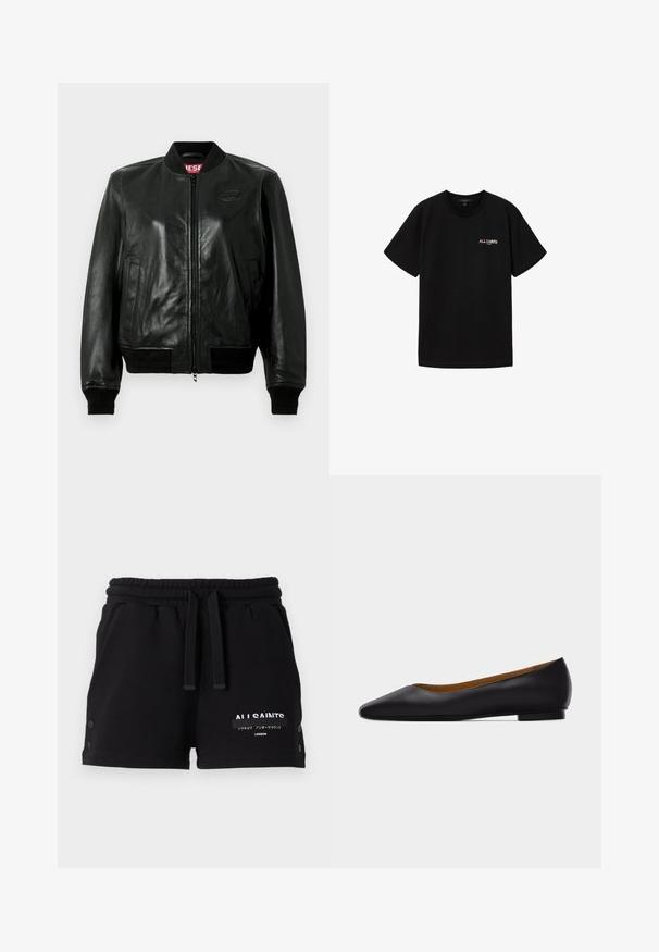 Sort læder bomberjakke med lynlås foran, ribbede krave og manchetter samt to sidelommer. Har et logo præget på brystet.; Sort kortærmet T-shirt med rund hals og lille hvid og rød "ALLSAINTS LONDON" logo på venstre bryst.; Sorte shorts med elastik i taljen og snøre, sidelommer, knapdetaljer på siderne og hvid All Saints-tekst med japanske tegn på venstre ben.; Sort læder flad sko med spids tå, lav hæl og glat finish, vist fra siden på en lysegrå baggrund.