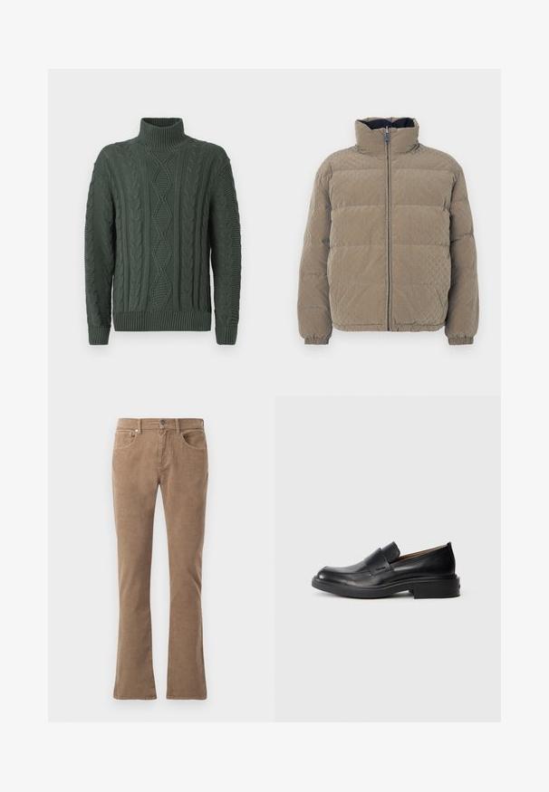 Steppjacke in Olivgrün mit hohem Kragen, Frontreißverschluss, elastischen Bündchen und einer strukturierten Diamantmusterung auf der Oberfläche.; Dunkelgrüner Strickpullover mit Rollkragen, versehen mit Diamant- und Zopfmuster, sowie gerippten Bündchen und Saum.; Braune Kordhosen mit geradem Bein, fünf Taschen sowie einem Knopf- und Reißverschluss. Strukturierte Rillen verlaufen vertikal über den Stoff.; Schwarze Leder-Pantoletten mit niedrigem Absatz und dezentem Calvin Klein-Logo an der Seite, im Profil vor einem weißen Hintergrund dargestellt.