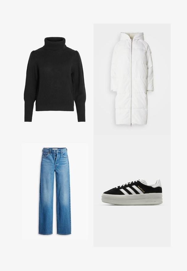 Abrigo de plumas blanco con capucha, cierre con cremallera en el frente, mangas cortas y diseño acolchado para proporcionar aislamiento, ofreciendo una textura suave y agradable.; Suéter de punto negro con un cuello alto acanalado. Presenta hombros caídos y puños acanalados en las mangas largas, tejido texturizado.; Vaqueros de mezclilla azul con una cintura alta, diseño de pierna ancha y estilo de cinco bolsillos. Presenta una cremallera de botón y un acabado deslavado.; Zapatillas negras de ante con detalles en cuero blanco, tres rayas blancas, cordones planos y una gruesa suela de plataforma gris. Marca "Gazelle" en dorado.