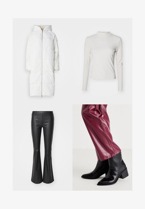 Manteau blanc en duvet avec capuche, fermeture éclair à l'avant, manches courtes et design matelassé pour l'isolation, offrant une texture lisse et douce.; Haut à manches longues beige clair côtelé avec col montant et texture lisse, présentant une coupe ajustée et des accents de design minimalistes.; Pantalons évasés en simili cuir noir avec une texture lisse et une taille élastique ; ajustés au niveau des cuisses avant de s'évaser en bas.; Bottes de cheville en cuir noir texturé avec un bout pointu et un faible talon carré, associées à un pantalon en faux cuir bordeaux ajusté présentant un motif crocodile.