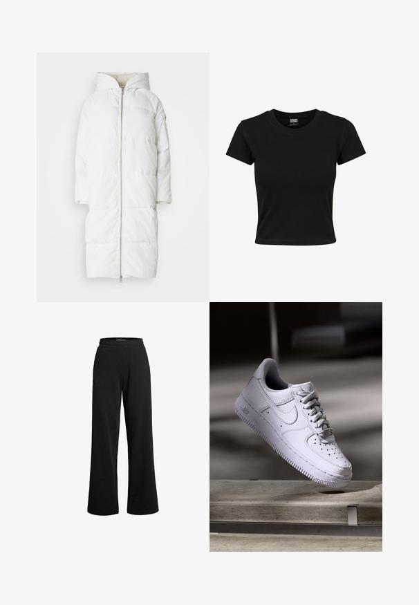 Abrigo de plumas blanco con capucha, cierre con cremallera en el frente, mangas cortas y diseño acolchado para proporcionar aislamiento, ofreciendo una textura suave y agradable.; Camiseta negra de manga corta fabricada en algodón suave, con un cuello redondo y un corte ajustado. Sin patrones ni acentos visibles.; Pantalones deportivos negros de pierna ancha, fabricados con un tejido suave. Cuentan con una cinturilla elástica y costuras mínimas para mayor comodidad.; Zapatilla Nike Air Force 1 blanca levitando sobre una superficie de hormigón con sombras en un entorno minimalista.
