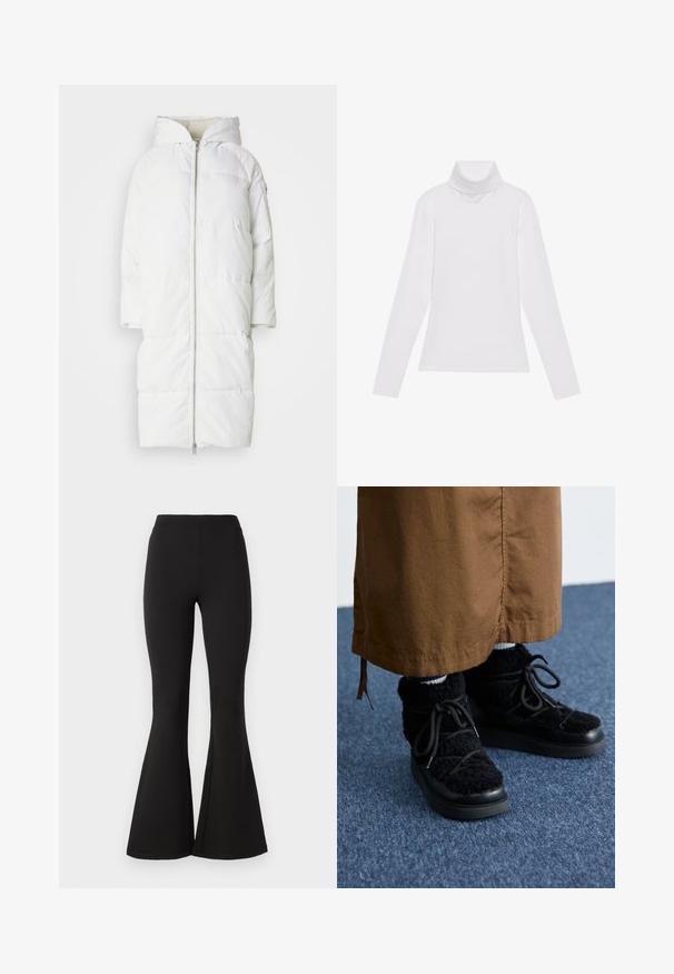 Hvid pufferjakke med hætte, lynlås fortil, kortærmer og quiltet design til isolering, som tilbyder en glat og blød overflade.; Hvid langærmet turtle-neck top lavet af glat, strækbart stof. Har en høj krave og tætsiddende design, uden synlige mønstre eller udsmykninger.; Sorte flare leggins lavet af strækbart stof, med en høj talje og en glat tekstur, der smalner ind og derefter udvider sig til en bred flare ved anklerne.; Sorte fuzzy sneakers med en platform sål, der har snørebånd, blød tekstur og en rund tå. Kombineret med brunt stof nedenfor.