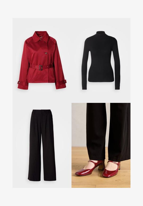 Rød, bæltejakke med kravehals, stor frontknap og strukturerede ærmer. Lavet af glat stof med en elegant finish.; Sort turtleneck sweater lavet af let strikket stof. Har lange ærmer, et tætsiddende design og en blød ribbet tekstur.; Sorte bukser med vid benvidde lavet af glat stof, med folder foran, en tætsiddende talje og uden synlige mønstre eller detaljer.; Røde patentlæder Mary Jane højhælede sko med firkantet tå, en rem over vristen og en lav blokhælt. Båret med sorte bukser.