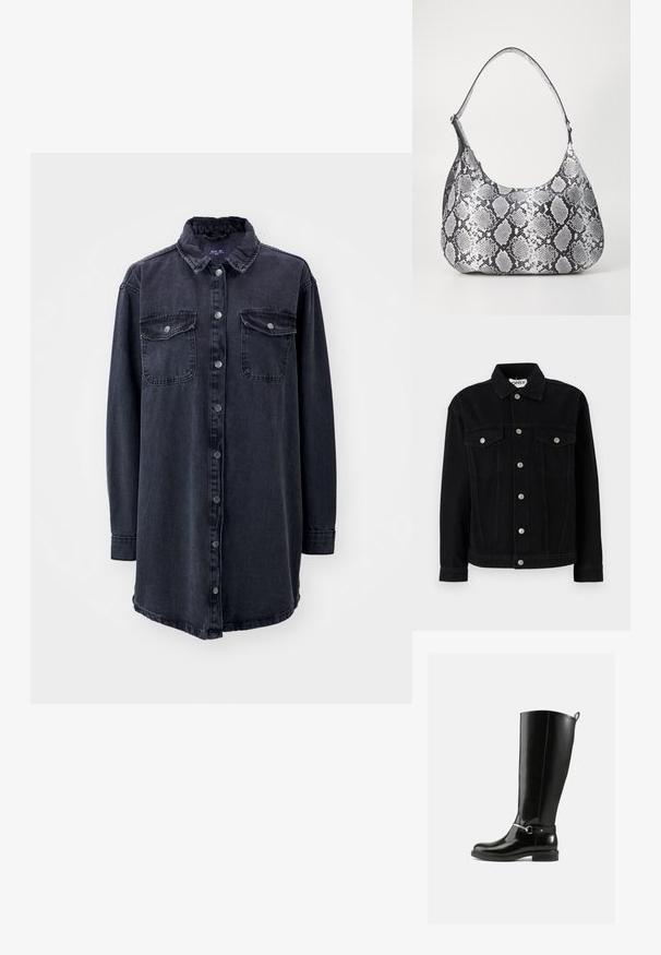 Schwarze Jeansjacke mit langen Ärmeln, einem spitzen Kragen und zwei Brusttaschen. Verfügt über silberne Druckknopfverschlüsse und einen geraden Schnitt.; Dunkelblaustes Denim-Hemd mit Kragen, langen Ärmeln, vorderem Knopfverschluss und zwei Brusttaschen. Hat eine leicht lockere Passform und einen abgerundeten Saum.; Schwarze kniehohe Stiefel aus glänzendem Leder mit silberner Schnalle am Knöchel und abgerundetem Zehenbereich. Flache Sohle.; Schultertasche im schwarz-weißen Schlangenprint mit runder Form, glatter Textur und gebogenem Tragegurt. Mit einem silbernen Hardware-Akzent.