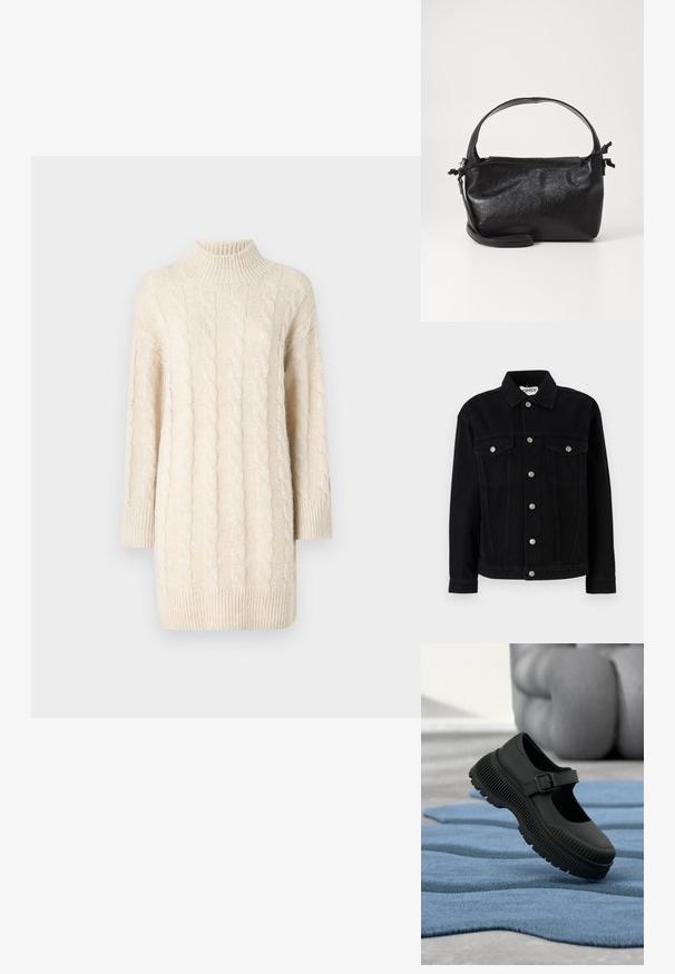Sort denimjakke med lange ærmer, spids krave og to brystlommer. Har sølvfarvede trykknaplukninger og lige snit.; Cremefarvet kabelstrikket sweater med høj krave, trekvartærmer og ribbet kant. Har teksturerede mønstre og en løs pasform.; Sort Mary Jane-stil sko med tyk ribbet sål og spænde, hvilende på tekstureret blåt tæppe med sløret baggrund.; Sort læderhåndtaske med et struktureret design, rund tophåndtag og aftagelig skulderrem. Den har en glat tekstur og en subtil glans.