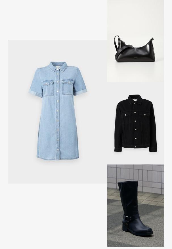 Schwarze Jeansjacke mit langen Ärmeln, einem spitzen Kragen und zwei Brusttaschen. Verfügt über silberne Druckknopfverschlüsse und einen geraden Schnitt.; Helles blaues Denimkleid mit kurzen Ärmeln, Knopfleiste, zwei Brusttaschen und umgeschlagenen Ärmeln. Glatte Textur und geradliniger Schnitt.; Schwarzer Lederstiefel bis zur Mitte der Wade mit niedrigem Blockabsatz und dekorativem Riemen mit Metallschnalle um den Knöchel, auf einem gefliesten Gehweg.; Schwarze lederne Handtasche mit glatter Textur. Verfügt über einen verstellbaren Riemen und ein elegantes, minimalistisches Design mit einem Reißverschluss.