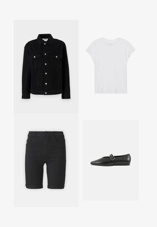 Sort denimjakke med lange ærmer, spids krave og to brystlommer. Har sølvfarvede trykknaplukninger og lige snit.; Hvid kortærmet t-shirt med rund hals, afslappet pasform, lavet af blødt bomuldsstof. Glat tekstur, ingen mønstre eller logoer.; Sorte denim shorts med lige skæring, med oprullede kanter, forlommer og knaplukning. Glat overflade og minimalistisk design.; Sorte læder flade sko med spidse tæer, prydet med en metallisk spænde over vristen og en lav, fleksibel sål.