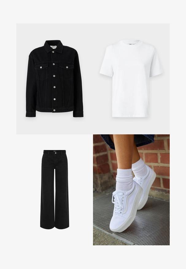Sort denimjakke med lange ærmer, spids krave og to brystlommer. Har sølvfarvede trykknaplukninger og lige snit.; Hvid bomulds T-shirt med rund hals, kortærmet og en glat tekstur. Designet med en afslappet pasform for komfort og alsidighed.; Sorte vidde denimbukser med høj talje, der har en frontknaplukning, to sidelommer og et klassisk femlomme-design.; Hvide lærreds sneakers med gummisåler, der har seks snørehuller, rund tå og let sømdetaljer, krydret med hvide ankelstrømper.