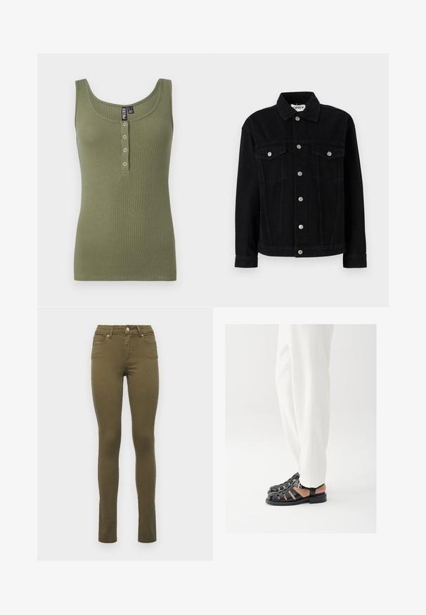 Sort denimjakke med lange ærmer, spids krave og to brystlommer. Har sølvfarvede trykknaplukninger og lige snit.; Olivengrøn ribbet tanktop med en rund halsudskæring og fem knaplukninger foran. Blød tekstur og tætsiddende design.; Olivengrøn slim-fit jeans lavet af bomuldsblanding, med normal talje, fem lommer og diskrete stikninger langs sømmene.; Person iført hvide bukser og sorte læder-sandaler med åben tå og spænde, stående på en hvid baggrund.