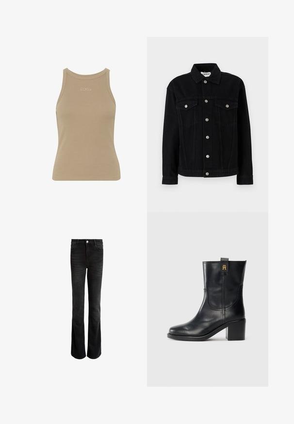 Chaqueta de mezclilla negra con mangas largas, cuello puntiagudo y dos bolsillos en el pecho. Presenta cierres de botón a presión plateados y un corte recto.; Top sin mangas de canalé beige con escote redondo, diseño sin mangas y un pequeño logo en relieve en el centro delantera. Textura de tela suave.; Jeans de campana negros hechos de denim, con una cintura alta, cinco bolsillos y un cierre de botón plateado. Textura suave con un ligero desgastado.; Botas de cuero negras hasta la mitad de la pantorrilla con tacón cuadrado y logo dorado "TH" en la lengüeta, sobre fondo blanco.