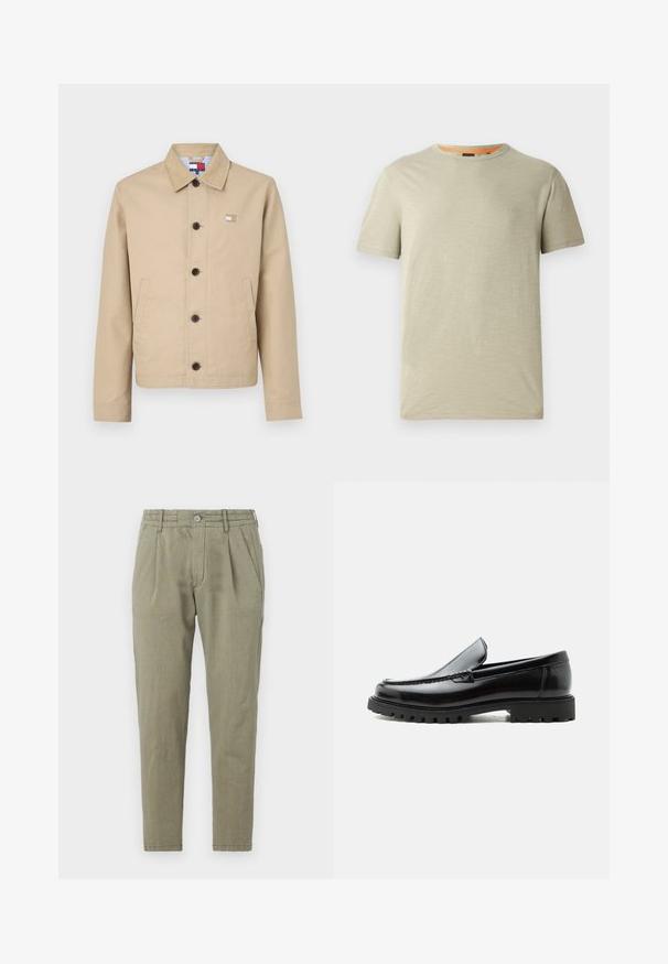 Chaqueta de algodón beige con cuello tipo camisa, botones frontales y bolsillos laterales. Presenta un pequeño emblema en el pecho y un forro interno a rayas.; Camisa de manga corta verde claro hecha de un tejido texturizado. Presenta un cuello redondo y un pequeño logotipo en relieve "BOSS" en el pecho.; Pantalones verde claro, ajustados y de tiro recto, hechos de una tela texturizada, con cierre de botón, frente con pliegues y bolsillos laterales.; Mocasín de cuero negro con suela de goma gruesa, empeine cosido y nombre de la marca en relieve en el talón, mostrado en perfil lateral sobre fondo blanco.