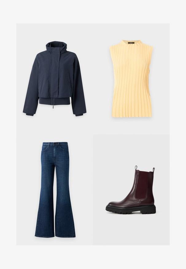 Marineblå cropped jakke med høj krave, lange ærmer, skjult frontlynlås og sidelommer mod en ensartet lys baggrund.; Ærmeløs lys gul ribstrikket top med høj rund halsudskæring og lodrette teksturerede striber.; Mørkeblå højtaljede udvidede jeans med frontknap, lynlås og fem-pocket design på en hvid baggrund.; Bordeaux læder chelsea støvler med elastiske sidepaneler, tekstureret sort gummisål og trekhåndtag for nem påtagning.
