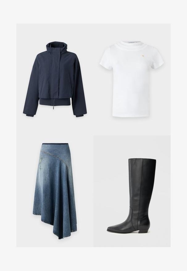 Marineblaue Cropped-Jacke mit hohem Kragen, langen Ärmeln, verdecktem Frontreißverschluss und Seitentaschen vor einem einfarbigen hellen Hintergrund.; Weißes Kurzarm-T-Shirt mit rundem, geschichtetem Ausschnitt und kleinem goldfarbenem Emblem auf der linken Brust.; Denim-Wickelrock in einem hellen bis dunklen Blauton-Gradient, mit einem gestickten Blumenmuster auf einer Seite und sichtbaren Stichdetails entlang der Ränder.; Schwarze kniehohe Lederstiefel mit spitz zulaufender Zehenpartie und niedrigem Blockabsatz, mit glatter Textur und sauberem, schnörkellosem Design.