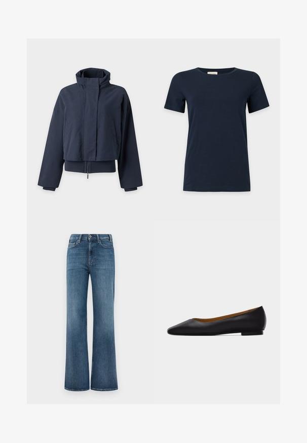 Marineblaue Cropped-Jacke mit hohem Kragen, langen Ärmeln, verdecktem Frontreißverschluss und Seitentaschen vor einem einfarbigen hellen Hintergrund.; Schlichtes marineblaues T-Shirt mit kurzen Ärmeln und rundem Ausschnitt auf hellem grauem Hintergrund.; Blaue Denim-Jeans mit weitem Beinansatz, Knopf- und Reißverschluss, sowie Vorder- und Gesäßtaschen, präsentiert auf einem schlichten weißen Hintergrund.; Schwarzer flacher Schuh aus Leder mit spitz zulaufender Vorderkappe, niedrigem Absatz und glatter Oberfläche, von der Seite vor einem hellgrauen Hintergrund dargestellt.