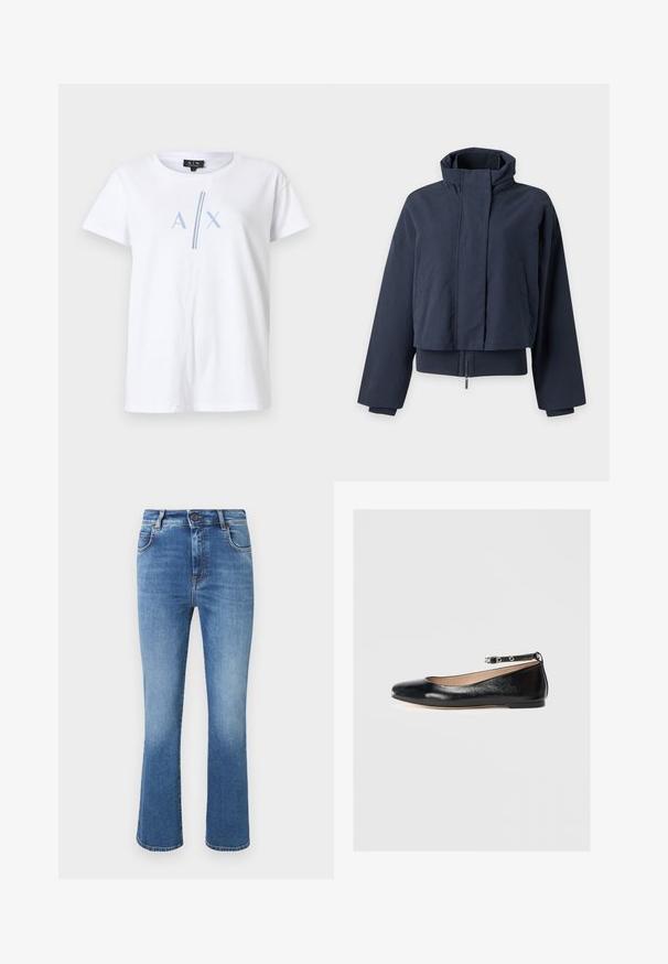 Veste courte bleu marine avec col haut, manches longues, fermeture éclair frontale cachée et poches latérales sur fond uni clair.; T-shirt en coton blanc à manches courtes, avec un motif bleu "A X" et une bande verticale bleue. Encolure ras-du-cou classique.; Jean en denim bleu taille haute avec jambes légèrement évasées, cinq poches, fermeture par bouton et décoloration subtile sur le devant.; Ballerines noires en cuir avec un bout rond, une bride à la cheville et un petit talon. Texture lisse et design minimaliste.