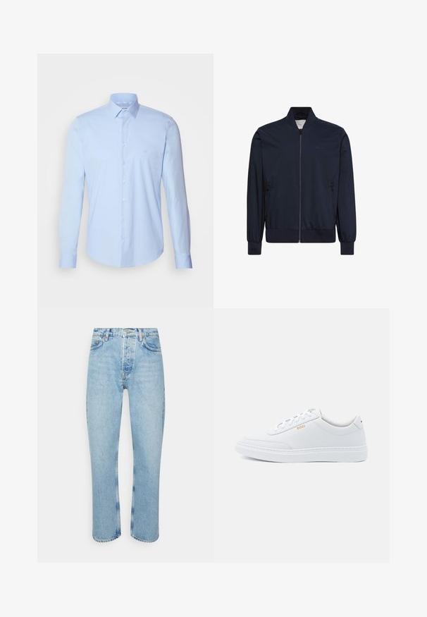 Veste zippée bleu marine avec poignets, col et ourlet côtelés, dotée de deux poches latérales zippées et d'un marquage discret sur la poitrine.; Chemise boutonnée bleu clair en coton, avec un col classique, des manches longues et un petit logo sur la poitrine. Texture lisse.; Jean en denim bleu clair avec une coupe droite, taille haute, design à cinq poches et détails de couture visibles sur les coutures et les ourlets.; Baskets blanches en cuir avec une texture lisse, bout rond et coutures tonales. Possède des lacets bleus et un logo doré sur le côté.
