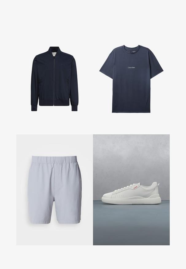 Chaqueta azul marino con cremallera, puños, cuello y bajo acanalados, con dos bolsillos laterales con cremallera y detalles discretos en el pecho.; Camiseta azul marino de manga corta Calvin Klein con cuello redondo y pequeño logotipo blanco centrado en el pecho.; Bañador gris claro con cintura elástica, dos bolsillos laterales y una tela suave y ligera. Sin patrones visibles ni adornos.; Zapatilla blanca con un acabado de cuero liso, punta redonda, cuatro ojales, perforaciones sutiles y un detalle de logo rojo en el lateral.