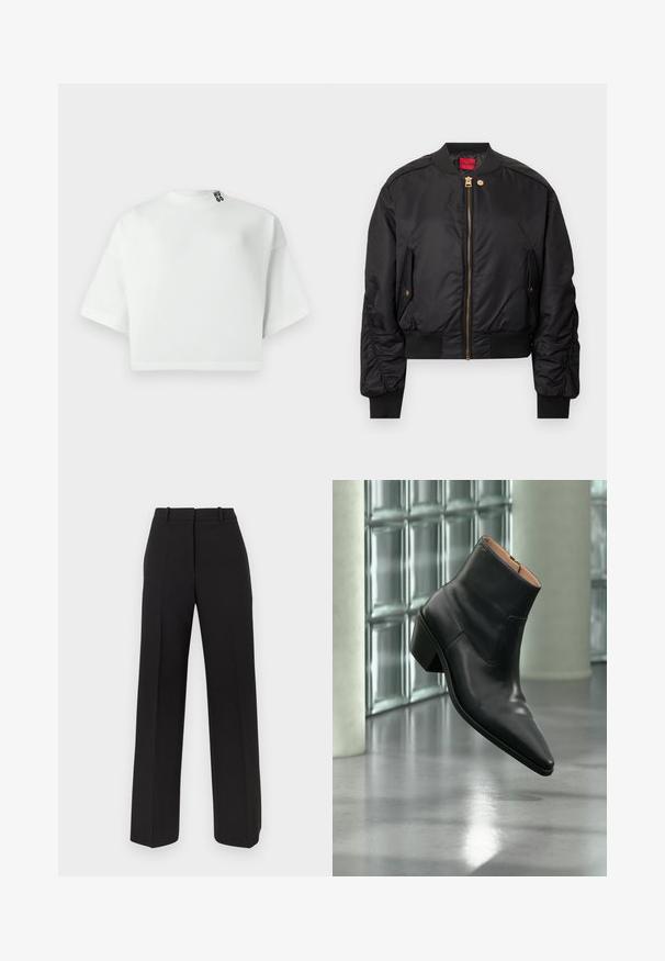 Veste bomber noire avec une fermeture éclair à l'avant, un col et des poignets côtelés, des poches latérales et des accents de quincaillerie dorée. Texture extérieure lisse.; T-shirt blanc court à manches courtes, col rond, en coton. Présente un logo noir « HUGO » près du col. Texture lisse.; Pantalon noir à jambes larges en tissu lisse, avec une taille haute, deux plis avant et des poches latérales discrètes.; Bottine en cuir noir avec un bout pointu et un talon carré lévitant au-dessus d'un sol gris réfléchissant près d'un mur en blocs de verre.