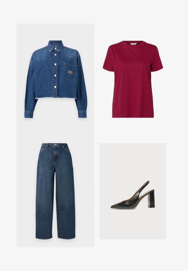 Modrá skrátená rifľová bunda s dlhými rukávmi, perlovými gombíkmi vpredu, golierom a náprsným vreckom s logom "JOOP! JEANS".; Jednofarebné tričko s krátkym rukávom a okrúhlym výstrihom v tmavočervenej farbe, zobrazené na bielom pozadí.; Široké denimové džínsy v tmavomodrej farbe. Vyrobené z pevnej bavlny s hladkou textúrou. Obsahujú zapínanie na gombík a klasický dizajn s piatimi vreckami.; Čierna kožená dámska slingback obuv s špicatou špičkou a hrubým vysokým blokovým podpätkom na bielom pozadí.