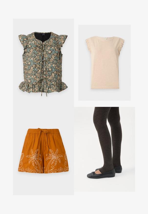 Haut à imprimé floral avec un fond marron, des fleurs bleues et beiges, des manches à volants, un lien à nouer à l'avant et un ourlet à volants. Tissu en mélange de coton.; Chemise beige à manches courtes avec encolure ronde et bordure en dentelle aux manches, confectionnée dans un tissu léger.; Jupe en coton orange avec une taille élastique, ornée de designs de palmiers brodés en blanc et de motifs décoratifs en spirale le long de l'ourlet.; Jambes portant des leggings côtelés foncés associés à des ballerines noires avec de petits détails en nœud sur fond blanc.