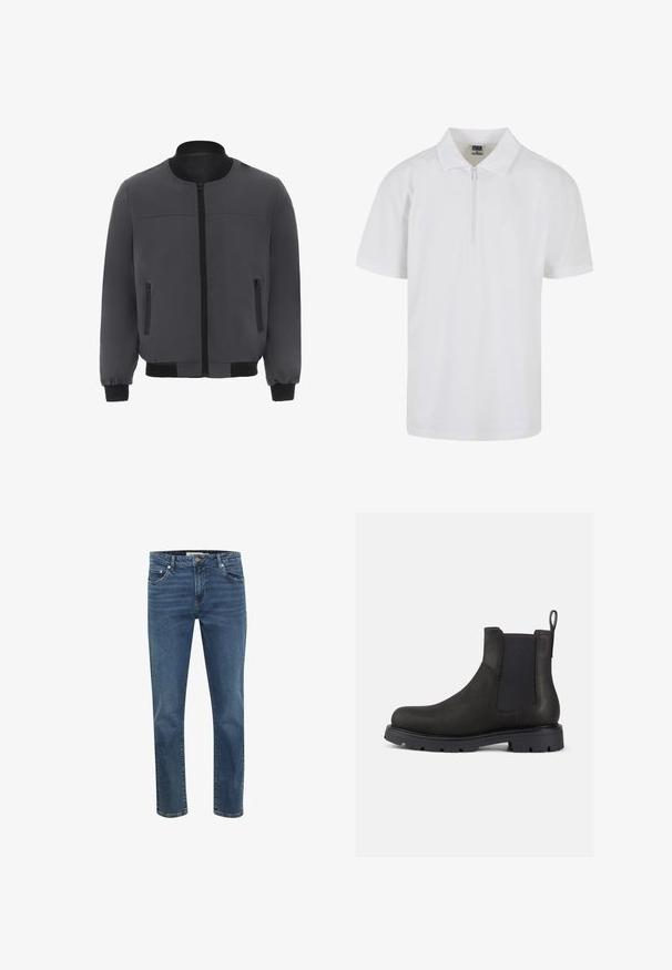 Grau Bomberjacke mit Reißverschluss vorne, gerippten Bündchen und Saum sowie zwei seitlichen Reißverschlusstaschen. Hergestellt aus einem glatten, leichten Stoff.; Weißes Poloshirt aus glattem Stoff, mit einem kurzen Reißverschluss am Kragen und kurzen Ärmeln, im klassischen Schnitt gestaltet.; Dunkelblaue Jeans aus Denim mit geradem Schnitt, fünf Taschen und kontrastierenden Nähten. Verfügbar mit einem Reißverschluss und einem Metallknopf am Bund.; Schwarze Leder-Chelsea-Boots mit elastischen Seitenpaneelen, Zugschlaufe und strukturiertem Gummisohlen für besseren Halt. Schlankes Design und zurückhaltendes Finish.