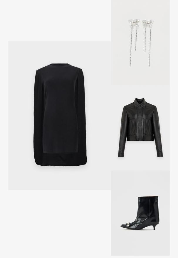 Black leather cropped jacket with a button closure, pointed collar, and two front pockets. Smooth texture with contrasting stitching details.; Black long-sleeve mini dress with a round neckline and a cape-like overlay extending from the shoulders to the hem.; Black leather ankle boot with pointed toe, low kitten heel, and decorative silver buckle on side near toe.; Long silver earrings featuring a cluster of rhinestones at the top and trailing strands of smaller rhinestones hanging below.