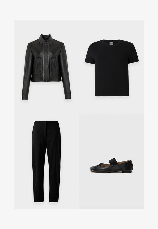 Sort cropped læderjakke med knaplukning, spids krave og to forlommer. Glat tekstur med kontrasterende syningsdetaljer.; Sort bomulds t-shirt med rund hals og korte ærmer. Enkel design, ingen mønstre eller detaljer, med lige skæring ved taljen.; Sorte lige bukser med knap- og lynlåslukning, glat stof og minimal detaljering mod en ensfarvet lyse baggrund.; Sorte læder ballet flats med en rund tå, en lille knude detalje og et elastisk bånd over vristen for en sikker pasform. Flad sål.