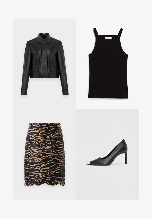 Veste courte en cuir noir avec fermeture à boutons, col pointu et deux poches avant. Texture lisse avec des détails de surpiqûres contrastantes.; Débardeur noir à fines bretelles, en tissu côtelé, avec une coupe droite et une étiquette au niveau du col indiquant "IVY OAK."; Jupe rayée noir et fauve en tissu lisse, dotée d'une taille à nouer et d'un ourlet en dentelle.; Chaussure à talon haut en cuir noir avec bout pointu et capuchon argenté métallique. Présente une finition lisse et un talon fin de 10 cm.
