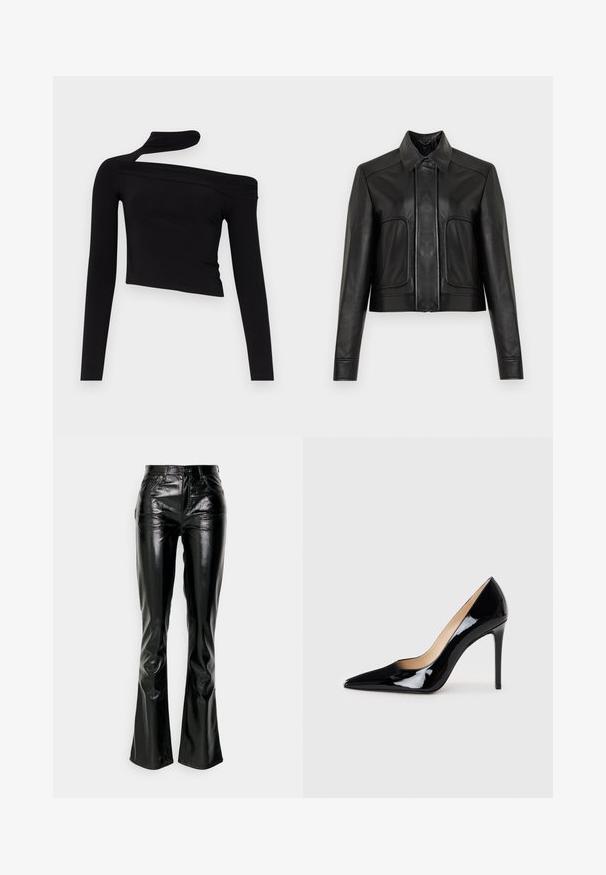 Mustast nahast lühike jakk nööpidega, terava krae ja kahe eest taskuga. Silmapaistev sile pind, kontrastsete õmblustega.; Gina Tricot CUT OUT - Pikkade varrukatega topp - black; Gap Tall STRAIGHT PATENT - Püksid - true black; Must matte musta kõrge kontsaga king, millel on terav varvas ja sujuv siluett. Omab sileda, läikivat viimistlust ja sale stiletto konts.