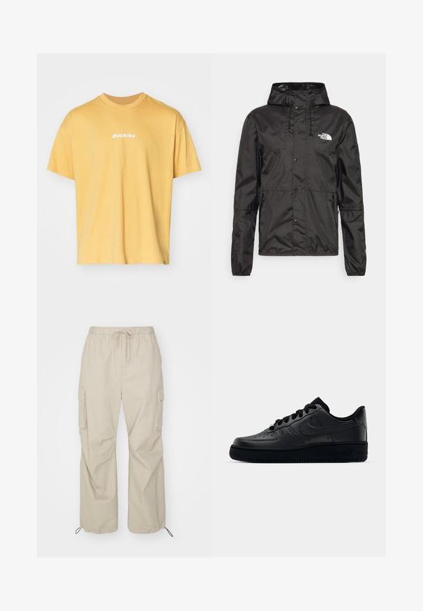 The North Face SEASONAL MOUNTAIN JACKET - Let jakke / Sommerjakker - black; Gul bomulds t-shirt med korte ærmer, rund halsudskæring, prydet med hvid "Dickies" logo på forsiden. Blød tekstur, afslappet pasform.; Only & Sons ONSKAZI LOOSE PARACHUTE PANT - Cargobukser - chinchilla; Sort Nike Air Force 1 sneaker med en glat læderoverdel, perforeret tå for åndbarhed, sorte snørebånd og en textured gummisål.