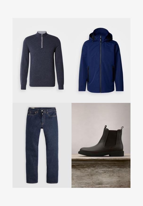 Veste imperméable bleu marine avec une capuche, fermeture éclair à l'avant, deux poches latérales zippées noires et un logo discret sur l'épaule gauche.; Pull en demi-zip bleu marine avec un col gris. Fabriqué à partir d'un tissu texturé, il possède des manches longues et un design ajusté.; Jean droit bleu foncé avec braguette à boutons, poches avant et arrière, et surpiqûres contrastantes, posé à plat sur un fond clair.; Bottines Chelsea en cuir noir avec des panneaux élastiques sur les côtés et des languettes, flottant au-dessus d'un banc en bois en extérieur avec un fond d'herbe.