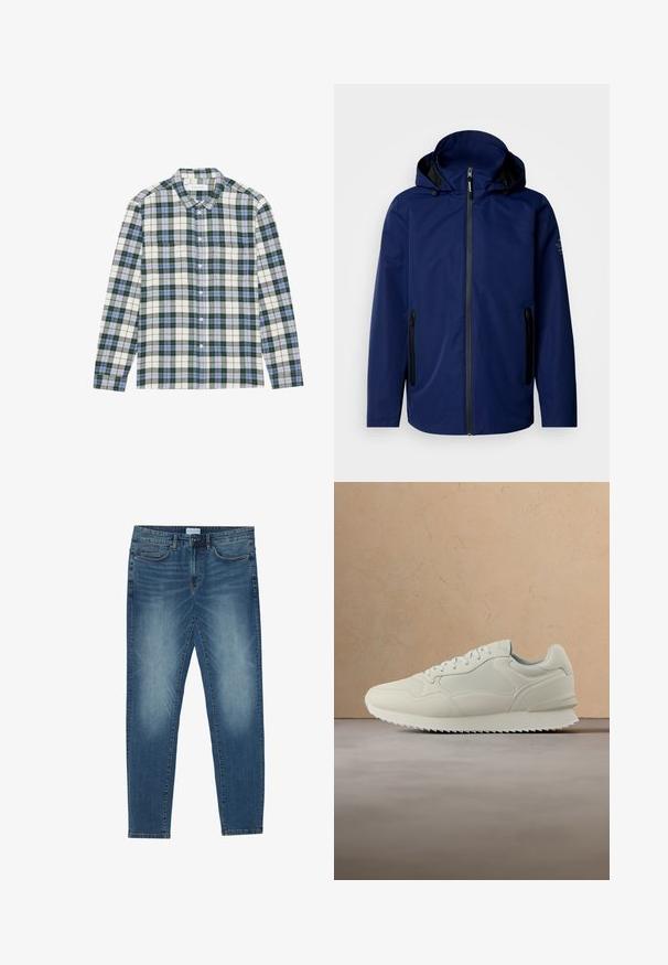 Veste imperméable bleu marine avec une capuche, fermeture éclair à l'avant, deux poches latérales zippées noires et un logo discret sur l'épaule gauche.; Chemise carreaux verts et blancs avec des accents bleus, dotée d'un col boutonné, de manches longues et d'une poche poitrine. Fabriquée en tissu doux.; Jean en denim bleu moyen avec un délavage léger, design à cinq poches, coupe droite et accents cousus. Fermeture par bouton et zip.; Baskets de couleur crème avec un design à lacets, une semelle épaisse et une semelle extérieure texturée, flottant au-dessus d'un tapis beige et d'un canapé en arrière-plan.