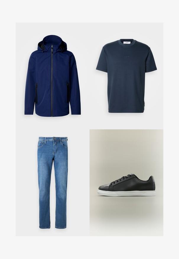 Marineblauwe waterdichte jas met capuchon, voorrits, twee zwarte ritszakken aan de zijkanten en subtiele branding op de linker schouder.; Donker marineblauw katoenen T-shirt met korte mouwen, een ronde hals en een subtiel geborduurd logo aan de voorkant. Gladde textuur, losse pasvorm.; Denim jeans in medium blue met een rechte snit. Voorzien van vijf zakken, een knoopsluiting en zichtbare stikseldetails langs de naden.; Zwarte lage sneaker met witte rubberen zool en zwarte veters, zijaanzicht op een licht beige achtergrond.