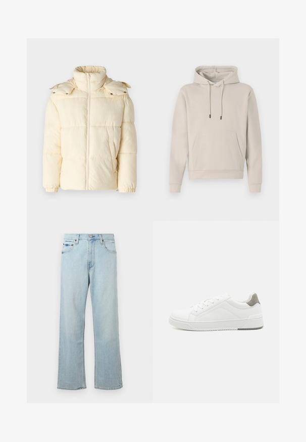 Only & Sons ONSORSON PUFFER JACKET - Talvejope - antique white; Heledustega koka, mille värv on heledat beeži, ees on tasku, kapuutsil on paelad ja varrukaotsad on soonikkoes. Valmistatud pehmest ja siledast kangast, annab alla lõdva sobivuse.; Hele sinine denim teksad, millel on lahtine ja lai jalg. Omab viit taskut, vöökohti ja lukuga pihakuulidega.; Valge tenniseking sileda nahaga, ümar varvas, minimalistlik disain, hall kand, ja tekstureeritud kummist tald.