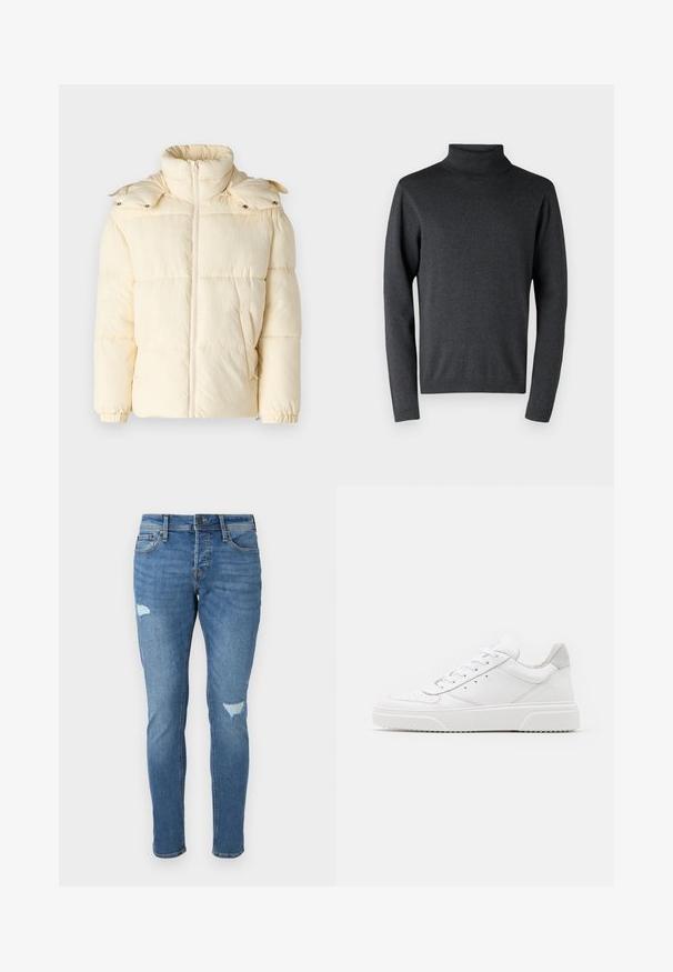 Only & Sons ONSORSON PUFFER JACKET - Winterjas - antique white; Donkergrijze coltrui van zacht materiaal, met lange mouwen en ribgebreide boorden en zoom, voorzien van een gladde, gelijkmatige textuur.; Vervaagde blauwe spijkerbroek met een slim fit, voorzien van versleten plekken op de knieën, een knoopsluiting en een ontwerp met vijf zakken.; Witte leren sneakers met een gladde afwerking, ronde neus, platte veters en een gestructureerde zool. Grijze suède accent bij de hiel.