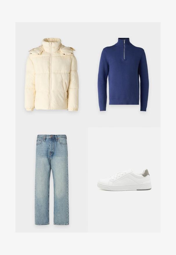 Only & Sons ONSORSON PUFFER JACKET - Veste d'hiver - antique white; Pull à col montant bleu marine avec demi-fermeture éclair, présentant un motif de tricot texturé et des poignets et un ourlet côtelés.; Jeans en denim bleu clair avec une coupe droite, cinq poches et des détails en bronze. Légère décoloration avec une finition propre.; Basket blanche en cuir lisse, à bout arrondi, design minimaliste, accent de talon gris et semelle en caoutchouc texturé.