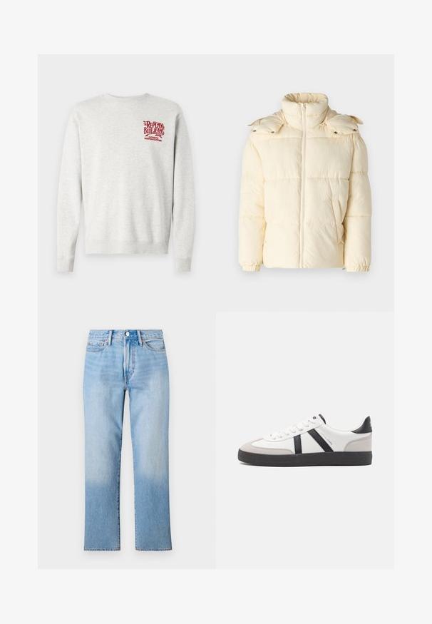 Only & Sons ONSORSON PUFFER JACKET - Talvejope - antique white; Hallhalli halliksest puuvillane sviiter, millel on ribatud mansetid ja äär, ning punane trükitud bränding rinnal. Klassikaline ümmargune kaelus.; Heledad denim-püksid heledast sinisest, sirge sääre disainiga, mis on ühetooni pestud, standardsete viie tasku stiiliga ning klassikalise nööbilukuga.; Valged tossud mustade ja hallide aktsentidega, tekstureeritud halli varbakattega, musta kummitald ja lamedad valged paelad. Puhtad jooned, minimalistlik stiil.