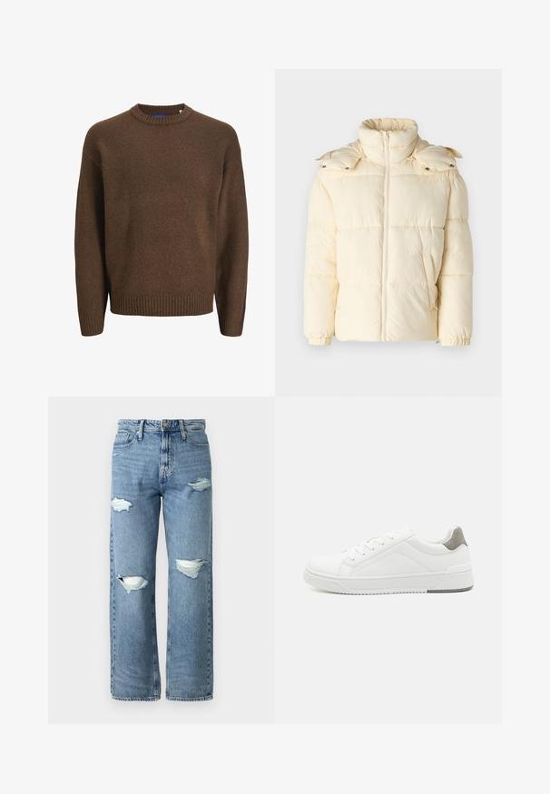 Only & Sons ONSORSON PUFFER JACKET - Veste d'hiver - antique white; Pull marron en maille avec col rond, manches longues, et poignets et ourlet côtelés, présenté sur fond blanc.; Jeans en denim bleu clair avec une taille haute, coupe ample, comportant deux déchirures aux genoux et un design classique à cinq poches.; Basket blanche en cuir lisse, à bout arrondi, design minimaliste, accent de talon gris et semelle en caoutchouc texturé.