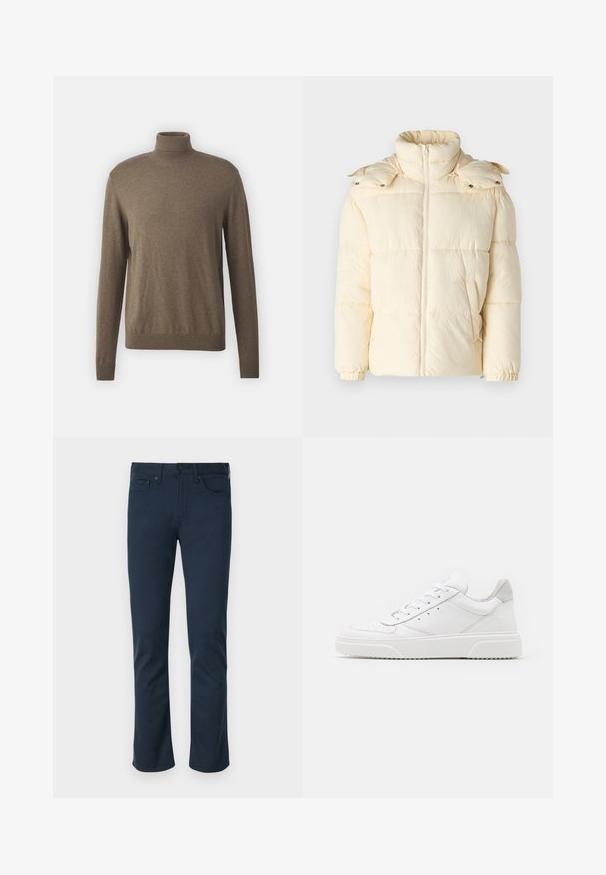 Only & Sons ONSORSON PUFFER JACKET - Vinterjakker - antique white; Brun turtleneck sweater lavet af blødt materiale, med lange ærmer, ribbede kanter ved hals og bund, og en glat, ensartet tekstur.; Mørkeblå bomuldsbukser med lige snit, med knaplukning foran, fem lommer og en glat tekstur.; Hvide lædersneakers med en glat finish, rund tå, flade snørebånd og en struktureret sål. Grå ruskindsdetalje ved hælen.
