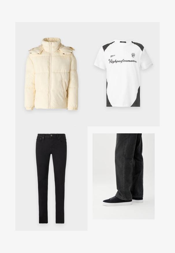 Only & Sons ONSORSON PUFFER JACKET - Winterjas - antique white; Witte T-shirt met korte mouwen en zwarte accenten. Bevat het logo "REPLAY FC" en de tekst "Highperformance" in een sportieve lettertype. Gemaakt van een glad materiaal.; Zwarte slim-fit jeans met vijf zakken, knoopsluiting en riemlussen, plat weergegeven op een witte achtergrond.; Zwarte denim jeans met een losse pasvorm, gecombineerd met marineblauwe suède sneakers met witte rubberen zolen en zwarte veters. Eenvoudig en modern ontwerp.